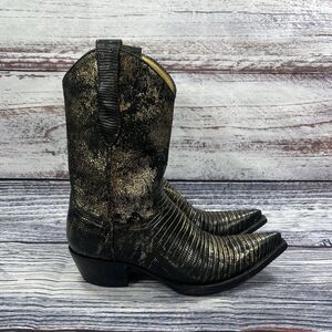 Old Gringo Teju Lizard Black & Gold Pointed Toe Western Boots, Women’s Size 7